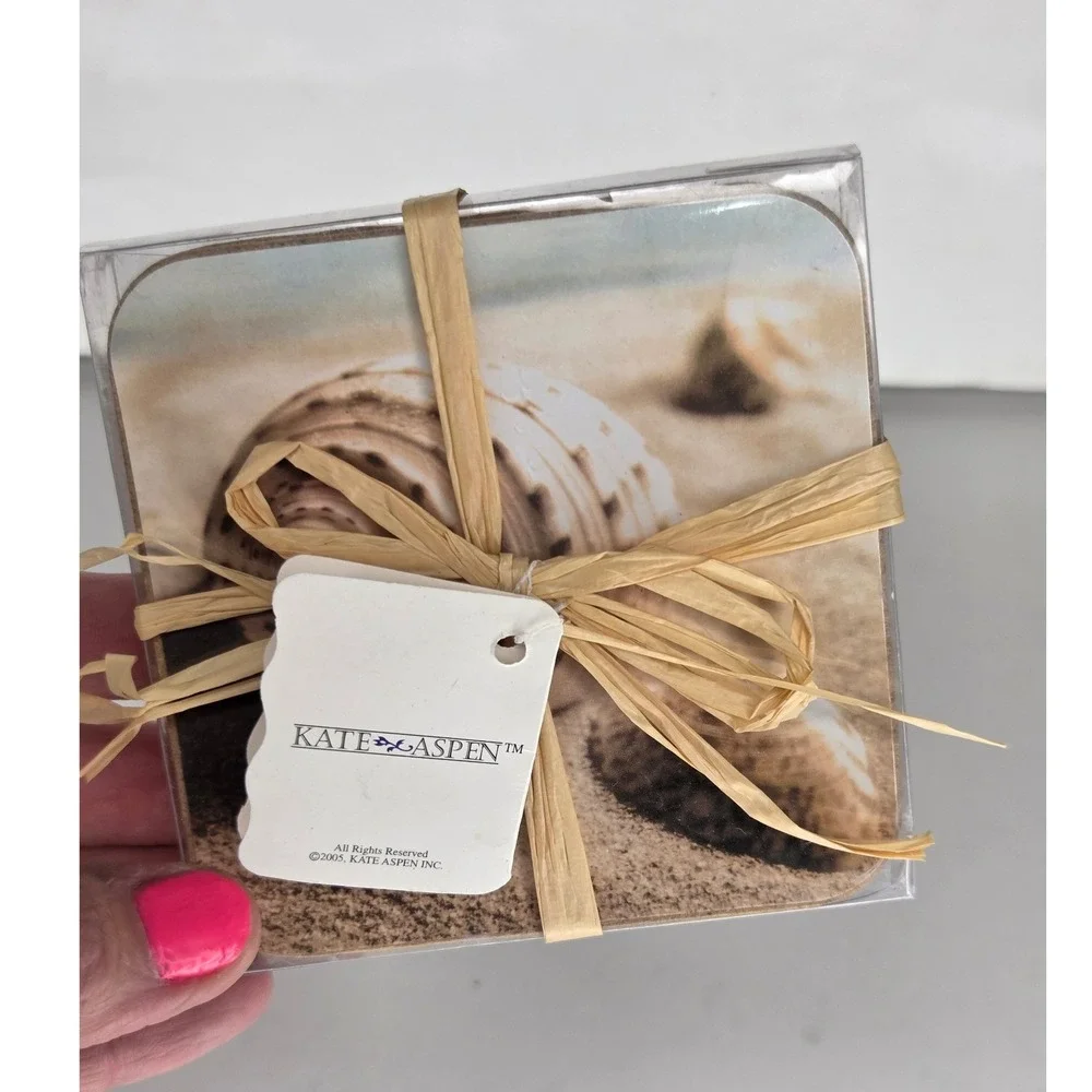 Kate Aspen Beach Theme Cork Coasters Set of 4 Seashell Wedding Favors New